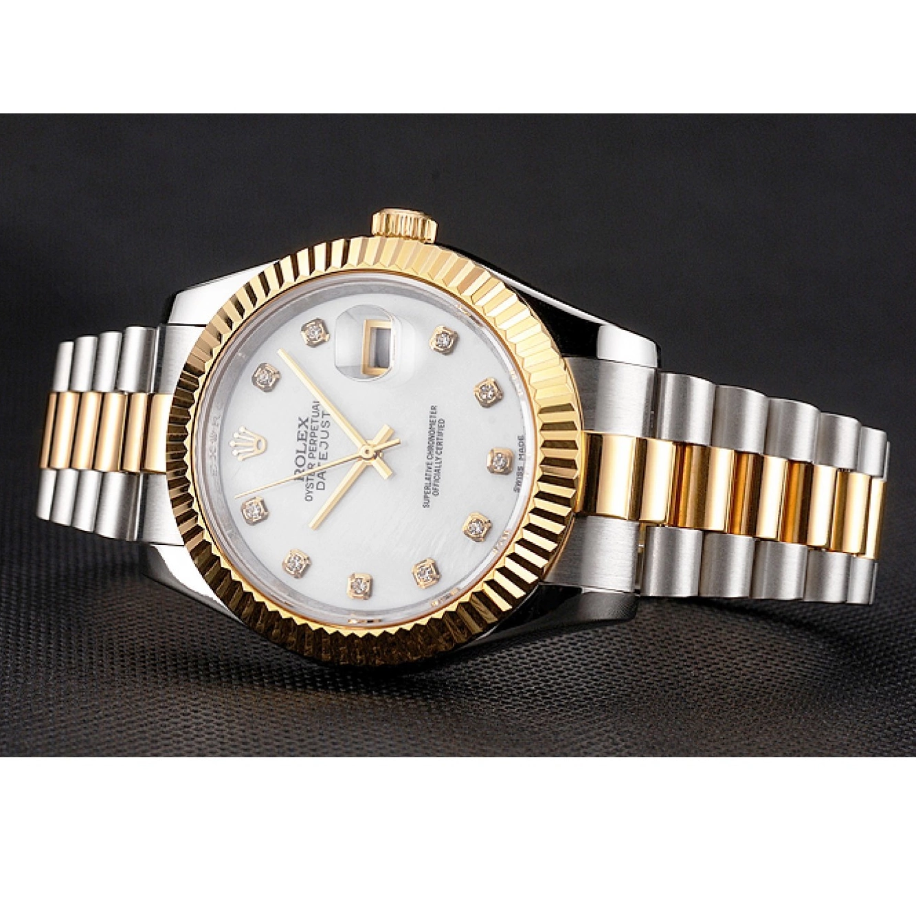 Aaa replica watch Hour Steel Tone Diamond Swiss Rolex Case White Bracelet Two Marks Bezel Datejust Stainless Dial Gold 0803